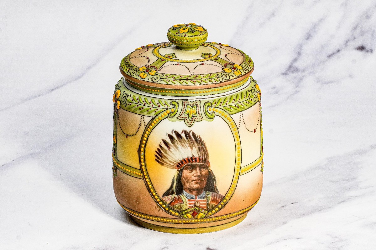 Rare Nippon Antique Painted Native American Indian Chief Tobacco Humidor Jar 