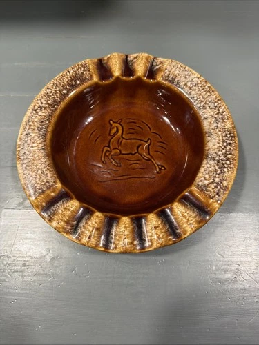 Vintage Hull Pottery Ashtray w/Running Deer Brown Drip Glaze