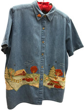 Vintage Bobbie Brooks Woman Denim Blouse 18W/20W Autumn Harvest Embroidery EUC