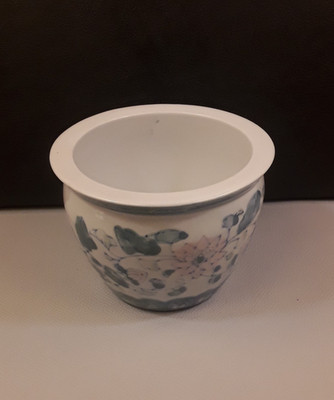 Vintage Asian Chinese Porcelain Fish Bowl Planter Blue & Pink Floral Pattern