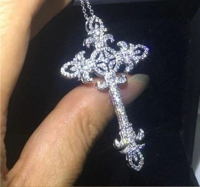2Ct Round Cut Lab-Created Diamond Cluster Cross Pendant 14K White Gold Plated
