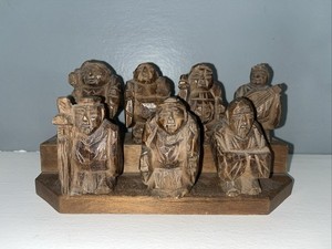 Vtg Japanese Netsuke THE LUCKY GODS Set of 7 Very Detailed Carved Wooden Figures