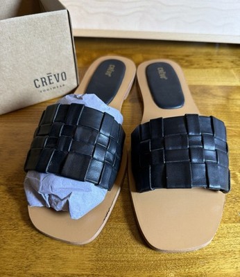 Crevo Leather Women s Slide Sandals Black Woven Strap Slip-On Casual Size 11 M