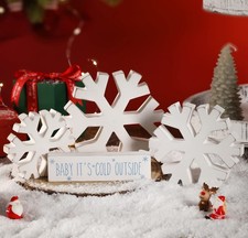 4 PCS Winter Snowflake Wooden Signs Decor, Winter Farmhouse Decor,White Chris...