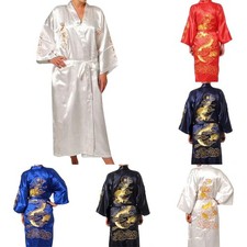 Men's Satin Dragon Kimono Sleepwear Pajamas with Embroidered Dragon Design