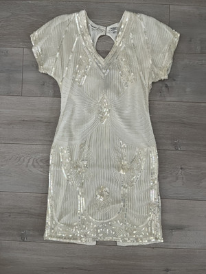 Womens Vintage Silk NEIMAN MARCUS Ivory Art Deco Cocktail Party Sequin Dress, S