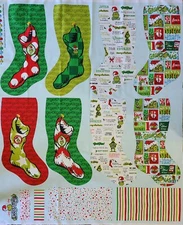 Licensed Dr Seuss Christmas Stockings Fabric Panel Robert Kaufman 44"L X 36" W