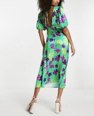 topshop angel sleeve colour block midi dress in multi Topshop angel sleeve printed midi dress in blue