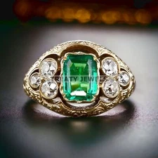 Emerald Octagon Cut With 925 Sterling Silver Gold Plated Ring For Men's #570 *