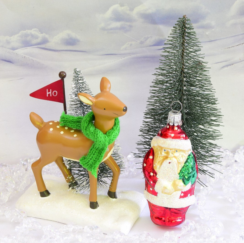 Glass Santa Christmas Ornament + Table Decoration + Bottle Brush Tree
