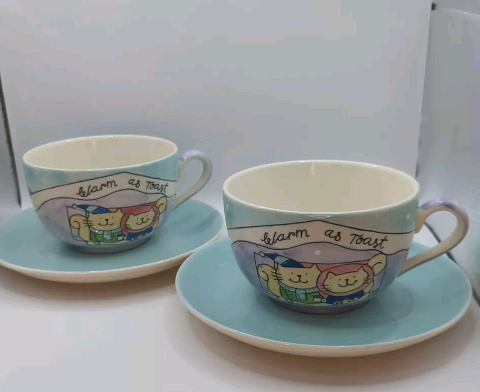 Whittard of Chelsea 2 Cappuccino Cups  Saucers Cats Christmas Warm As Toast Blue