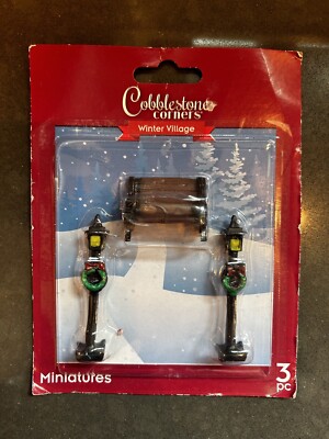 COBBLESTONE CORNERS  Winter Village 3 Piece Set Bench & 2 Light Posts