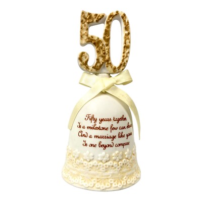 Enesco 50th Anniversary Commemorative Bell 1983 White Gold Ribbon VTG Taiwan