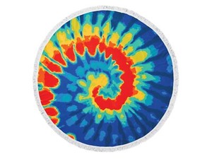 BLUE RED GOLD MAINSTAYS 58" ROUND TIE DYE PRINT TOWEL POLYESTER FRINGE EDGE