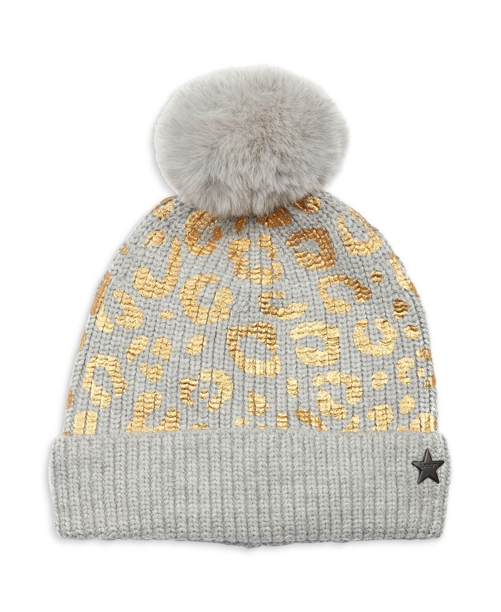 Jocelyn Leopard Foil Print Knit Beanie, Gray & Gold | eBay display picture 1