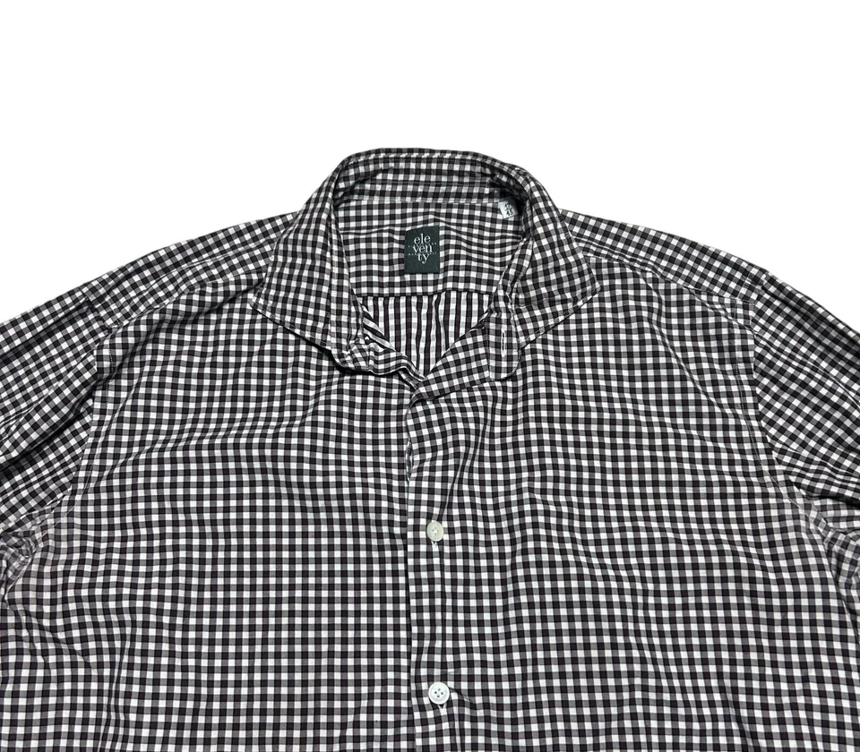 Camisa masculina Eleventy primeira classe tamanho 17 xadrez Gingham branca borgonha botão para cima - Imagem 2 de 4
