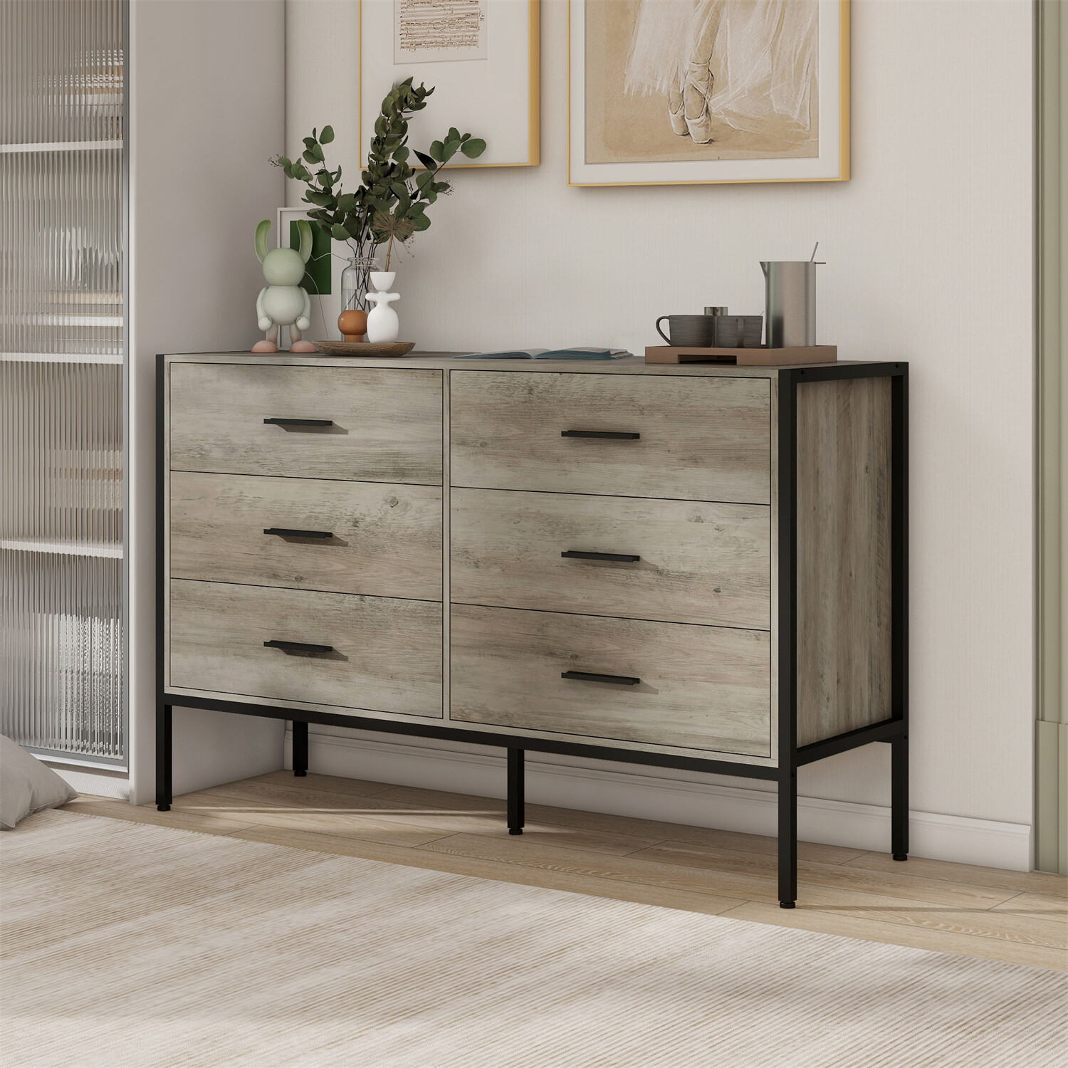 6 Drawers Dresser Wooden Storage Organizer Cabinet Chest of Drawer Gray US