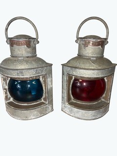 Antique Nautical Starboard & Port Signal Lanterns With Blue And Red Glass Globes