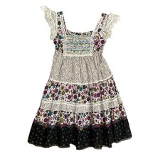 Vtg handmade Floral Tiered Cotton Mini Dress Lace Flutter Sleeve cottage prairie