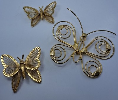 3pc Vintage Gold Plated Butterfly Pins/Brooch Set, Incl Two MONET