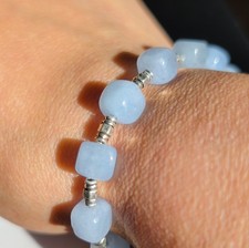 Beaded Bracelet Light Blue Silver Square Gemstone Beads Metal Handmade