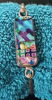 Vintage 925 Sterling Silver Dichroic Bangle Bracelet Art Glass