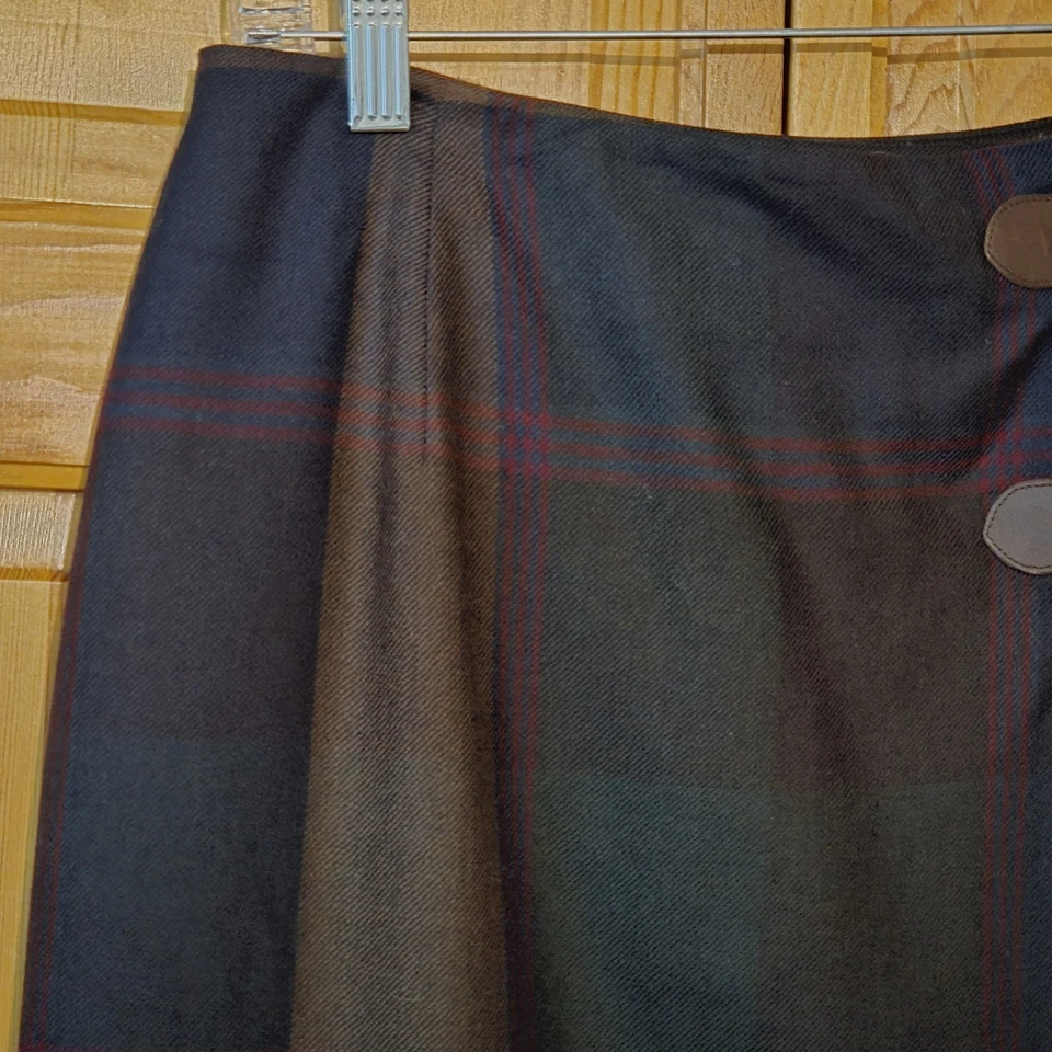 Vintage Ralph Lauren Equestrian Plaid Wrap Midi Wool Skirt Sz 10 Leather Buckle - Image 4 of 4