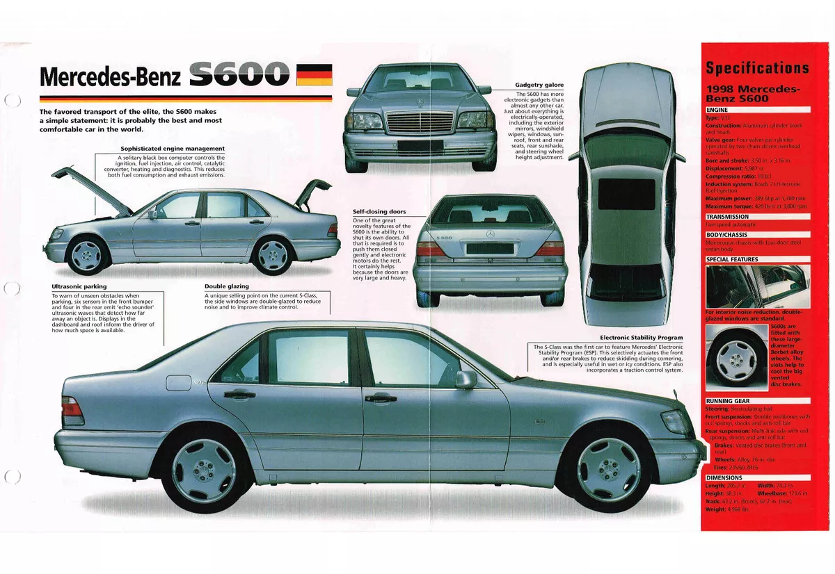 1996 / 1997 / 1998 MERCEDES-BENZ S600 / S-600 SPEC SHEET / Brochure /Catalog,'98