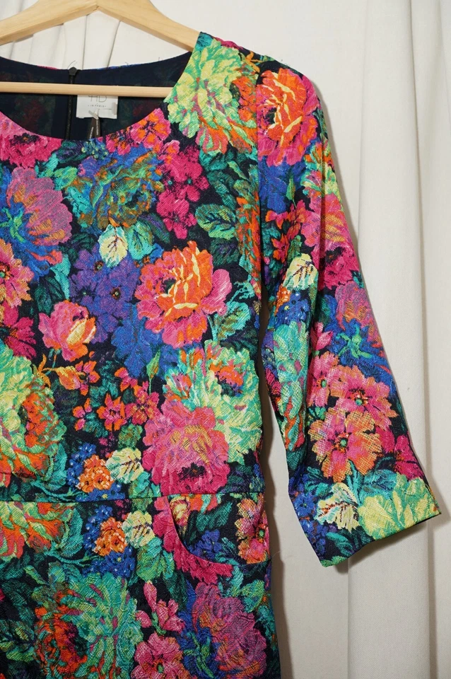 Vestido Anthropologie HD in Paris Vibrante Colorido Floral Manga 3/4 Talla Pequeña S Foto 3 de 4