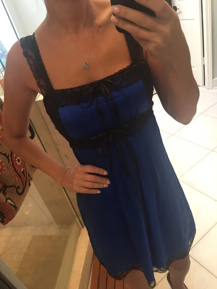 Mini Vestido Estilo Vintage Años 90 BETSEY JOHNSON Azul 100% Seda Encaje XS S 2 Foto 4 de 4