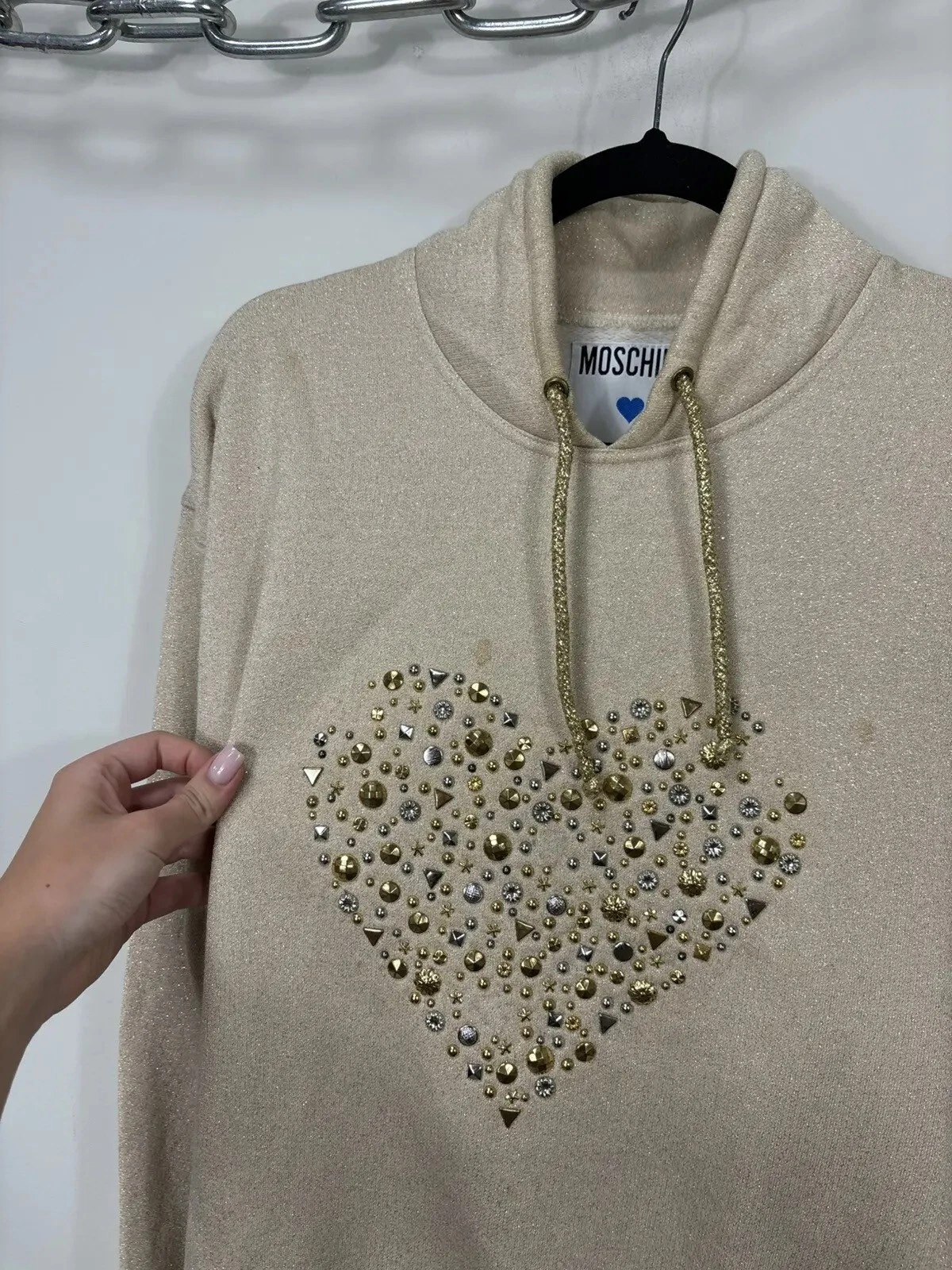 OFF WHITE Felpa con cappuccio donna Moschino vintage cuore strass logo M