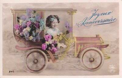 Old postcard ART fantasy HAPPY BIRTHDAY girl driving floral tacot car