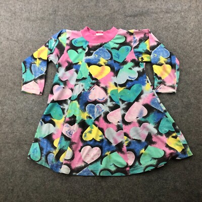 Vintage Polly Flinders Dress Girls 12 Pink Green Heart Logo Long Sleeve 