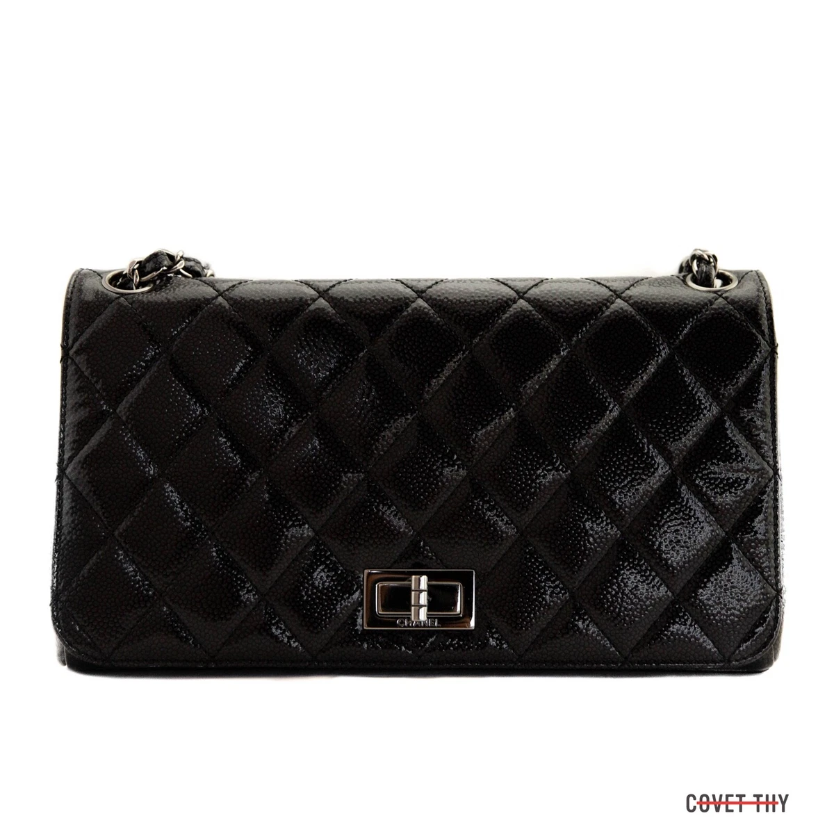 CHANEL Black Medium Diamond Shine Flap 2.55 Glazed Caviar Mademoiselle