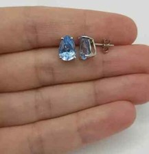 Lab Created Aquamarine 2Ct Pear Cut Solitaire Stud Earring 14K White Gold Plated