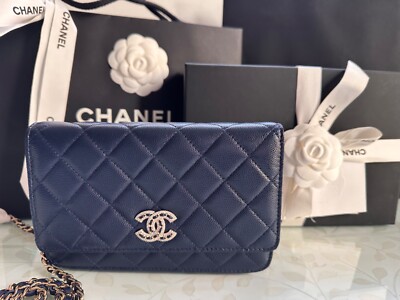 New CHANEL 22S Wallet on Chain BIG CRYSTAL CC Caviar Navy WOC Bag