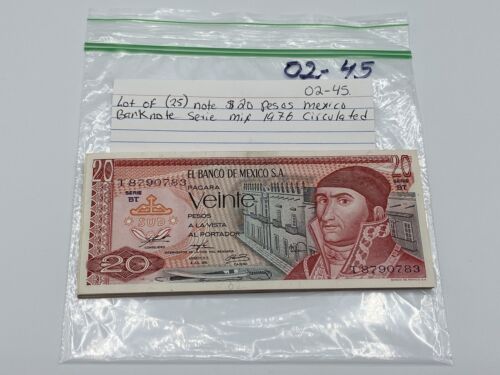 LOT OF (25) NOTE $20 PESOS MEXICO BANKNOTE SERIE MIX 1976 CIRCULATED - Picture 4 of 4