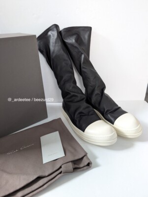 RICK OWENS LEATHER RAMONES SOCK SNEAKERS CALF HIGH (BLACK 41, 44