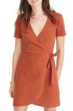 MADEWELL S Dress Burnt Orange Brown Faux Wrap Side Tie Textured V Neck