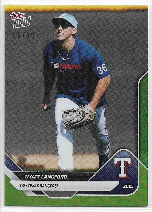 2025 Topps Now Wyatt Langford OD-143 Green /99 Rangers Road to Opening Day  