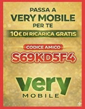 VERY MOBILE  "S69KD5F4"  CODICE AMICO COUPON BUONO DA 10€ DI RICARICA GRATIS,.` 