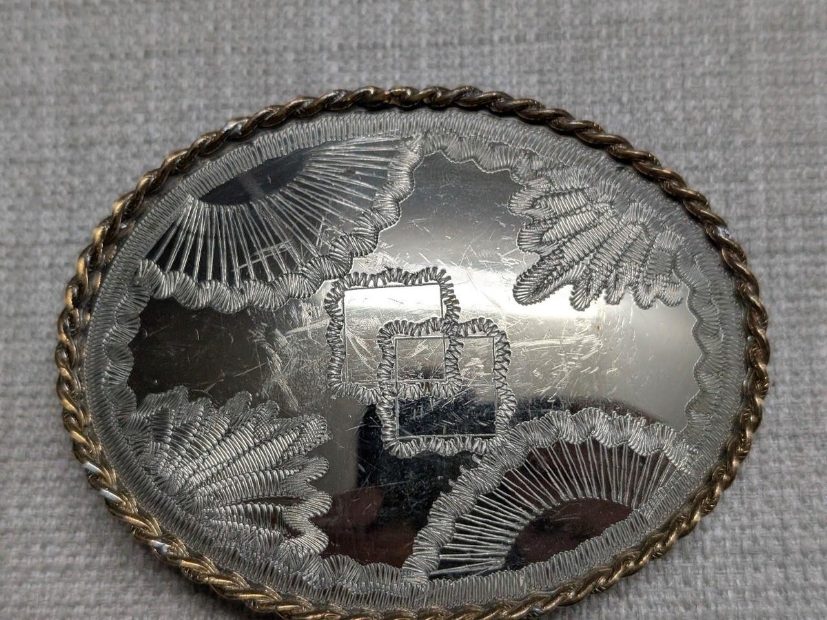 vintage USA made ROCKMONT belt buckle NICKEL SILVER etched  display picture 1
