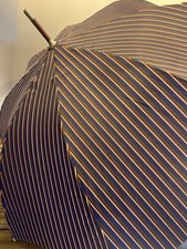 Vintage Umbrella brown blue stripe wood handle long 36" totes