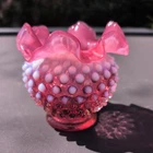 Vintage FENTON Cranberry Opalescent 4.5" Hobnail Art Glass Ruffled Rim Ball Vase