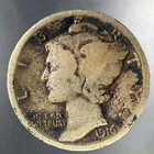 1916 Mercury Dime Well-Worn Detail 90% Silver US Coin