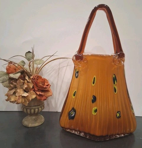 Murano Millefiori Art Glass Purse/Vase; MCM, VTG; Amber; XL-Tall; 14"; EUC!