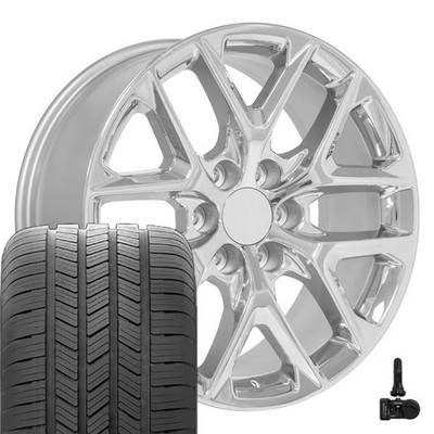14078 Chrome 20x9 Wheels & 275/55R20 Goodyear Tires, TPMS Set 6X5.5 +28ET