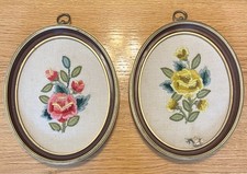 Vintage Needlepoint Floral Wall Hangings Set Of 2 Framed Embroidered Cottagecore