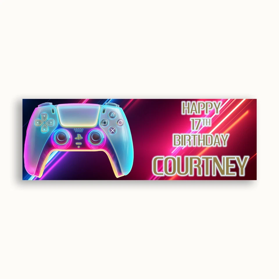 Mando PS5 Neón Brillo Colorido Juego Personalizado Banner Cumpleaños Foto 2 de 4