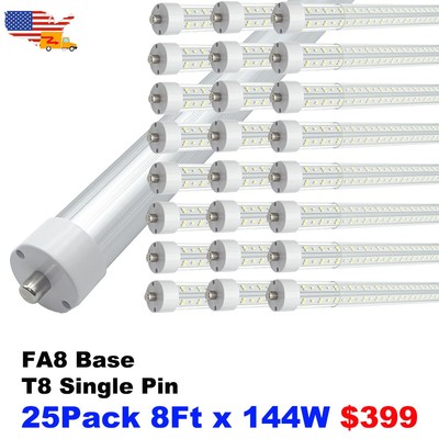 25 Pack 144W 6500K 8 Foot LED Bulbs Fa8 Single Pin 8' LED Shop Light No RF FM